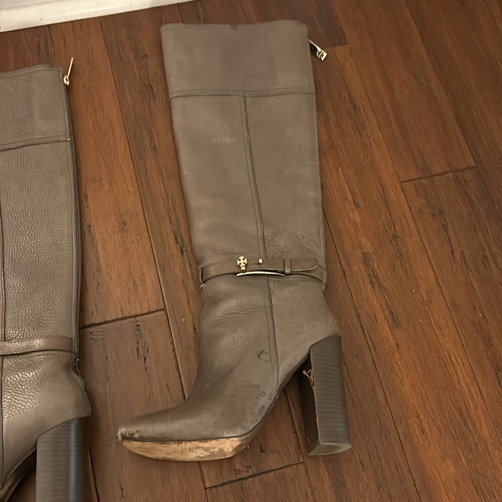 Tory Burch Taupe Leather Mid-Calf Heeled Boots with Gold Logo Strap - Picture 4 of 5
